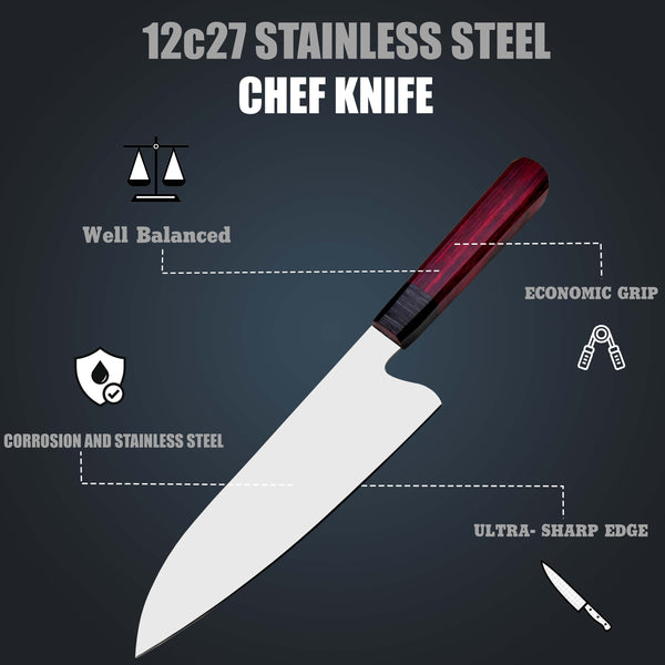 J502-Custom 12C27 Steel Chef Knife, Handmade Spanish Wood Handle No Damascus