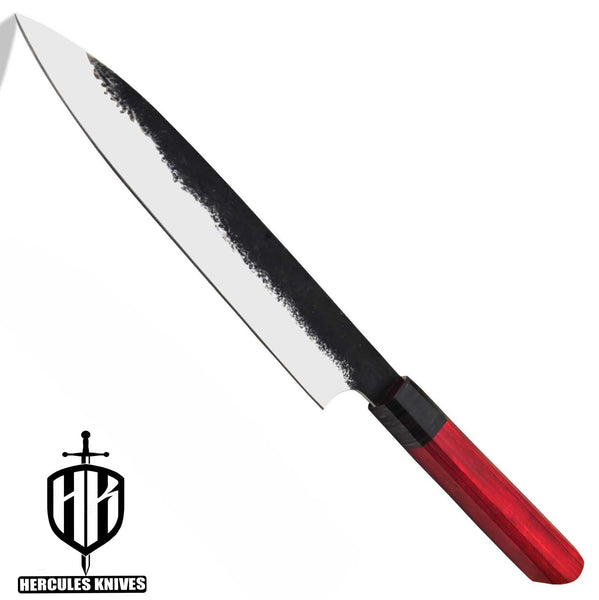 J504-Hammered 12C27 Steel Chef Knife, Handmade Spanish Wood Handle No Damascus