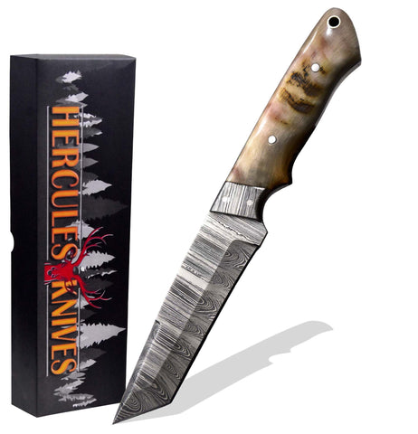 Custom Hand Forged Damascus Steel Tanto Hunting Knife Camping Survival Knife With Rams Horn Handle | Handmade | Leather Sheath (Free Shipping) (Copy)