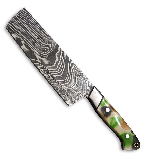 Custom Hand Forged Damascus Steel Nakiri Knife Chef Knife Kitchen Knife With Resin Handle | Handmade | Leather Sheath