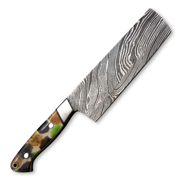 Custom Hand Forged Damascus Steel Nakiri Knife Chef Knife Kitchen Knife With Resin Handle | Handmade | Leather Sheath