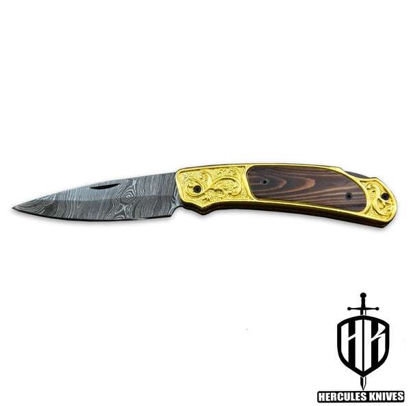 C396-Custom Hand Forged Damascus Steel Folding Knife with 24K Gold Plated Handmade with Camel Bone 3D Wax Laser Printing Handle