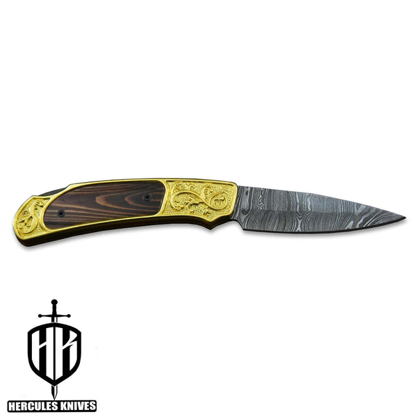 C396-Custom Hand Forged Damascus Steel Folding Knife with 24K Gold Plated Handmade with Camel Bone 3D Wax Laser Printing Handle