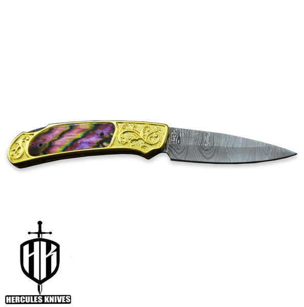 C399-Custom Hand Forged Damascus Steel Folding Knife, 24K Gold Plated Handmade with Camel Bone 3D Wax Laser Printing Handle