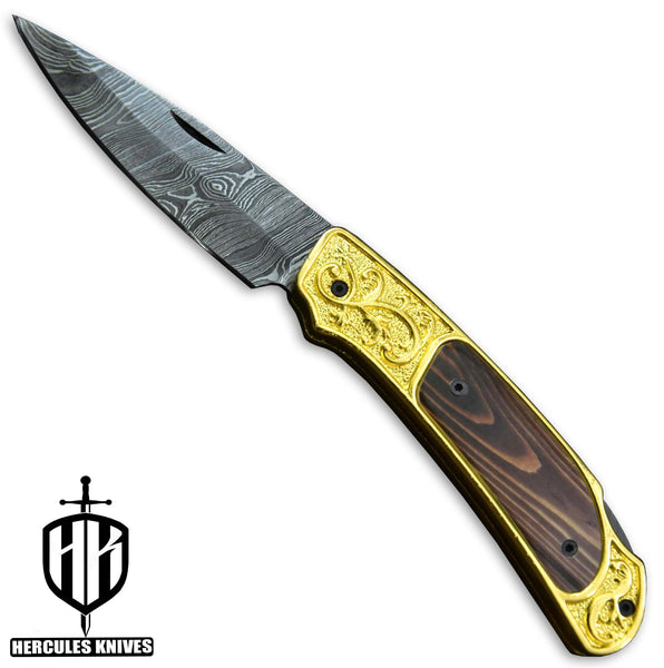 C396-Custom Hand Forged Damascus Steel Folding Knife with 24K Gold Plated Handmade with Camel Bone 3D Wax Laser Printing Handle