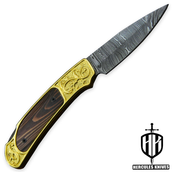 C396-Custom Hand Forged Damascus Steel Folding Knife with 24K Gold Plated Handmade with Camel Bone 3D Wax Laser Printing Handle