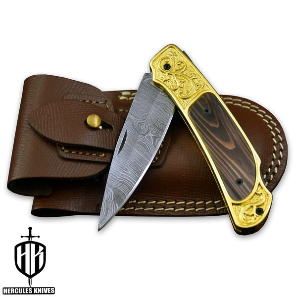 C396-Custom Hand Forged Damascus Steel Folding Knife with 24K Gold Plated Handmade with Camel Bone 3D Wax Laser Printing Handle