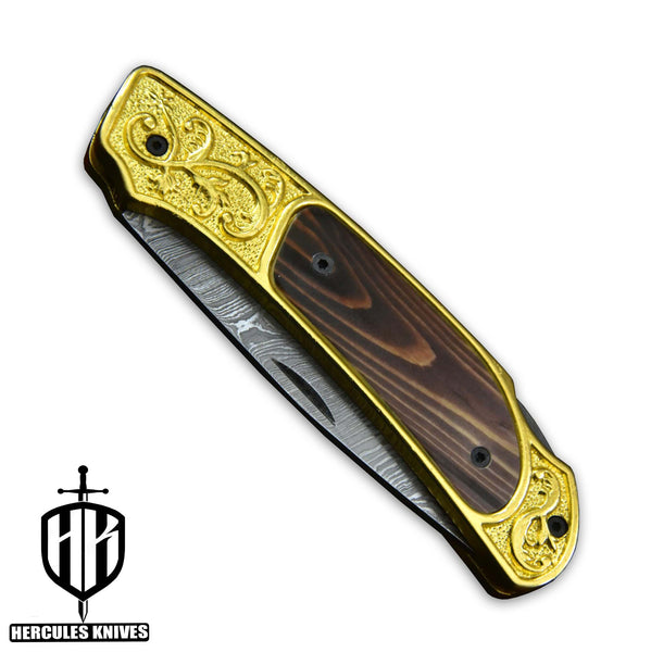 C396-Custom Hand Forged Damascus Steel Folding Knife with 24K Gold Plated Handmade with Camel Bone 3D Wax Laser Printing Handle