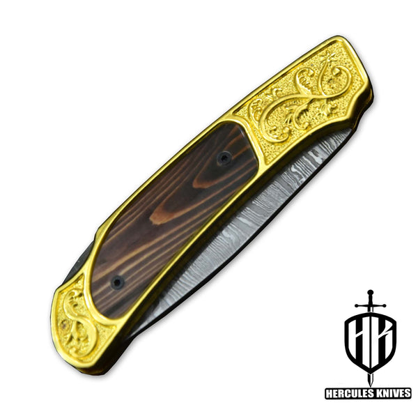 C396-Custom Hand Forged Damascus Steel Folding Knife with 24K Gold Plated Handmade with Camel Bone 3D Wax Laser Printing Handle