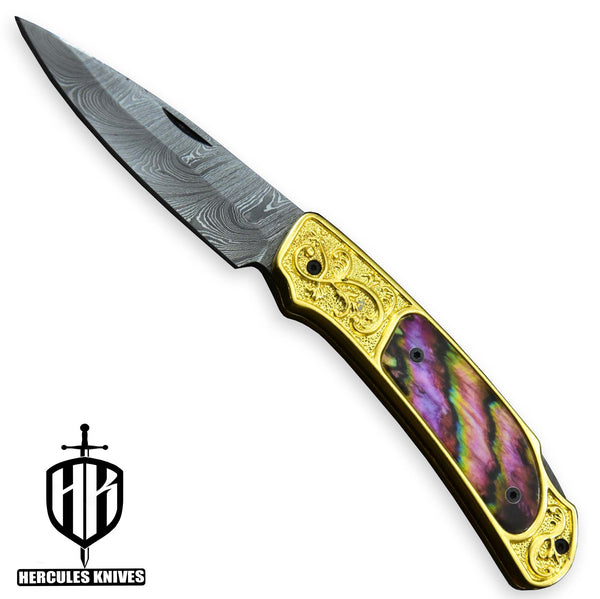 C399-Custom Hand Forged Damascus Steel Folding Knife, 24K Gold Plated Handmade with Camel Bone 3D Wax Laser Printing Handle