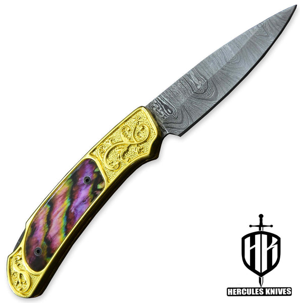 C399-Custom Hand Forged Damascus Steel Folding Knife, 24K Gold Plated Handmade with Camel Bone 3D Wax Laser Printing Handle