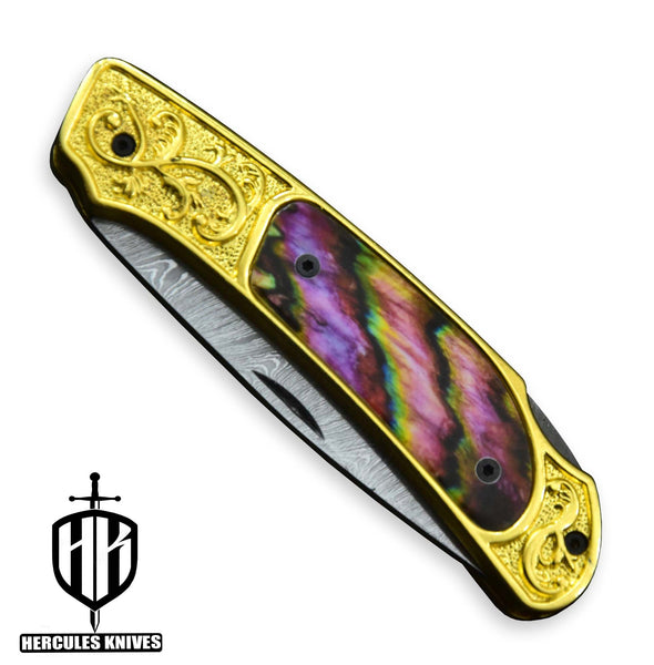 C399-Custom Hand Forged Damascus Steel Folding Knife, 24K Gold Plated Handmade with Camel Bone 3D Wax Laser Printing Handle