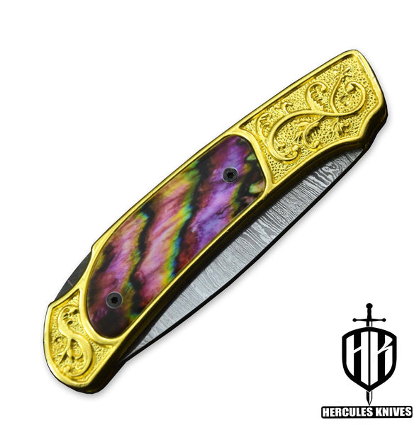 C399-Custom Hand Forged Damascus Steel Folding Knife, 24K Gold Plated Handmade with Camel Bone 3D Wax Laser Printing Handle