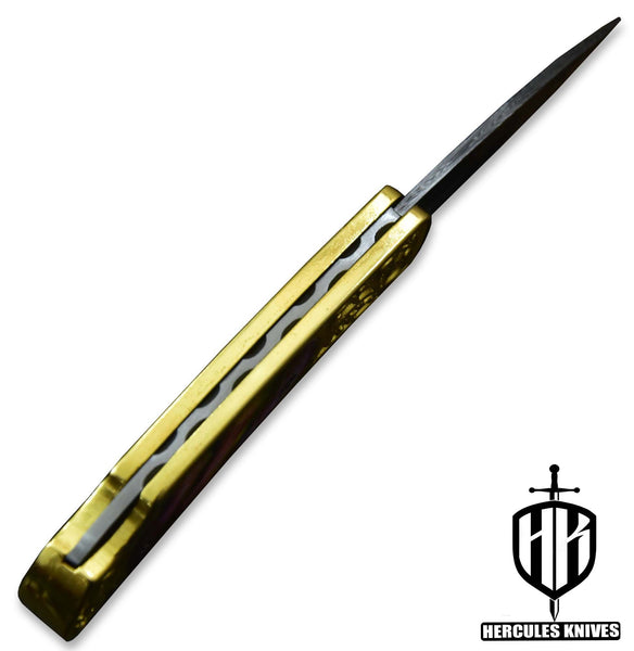 C399-Custom Hand Forged Damascus Steel Folding Knife, 24K Gold Plated Handmade with Camel Bone 3D Wax Laser Printing Handle
