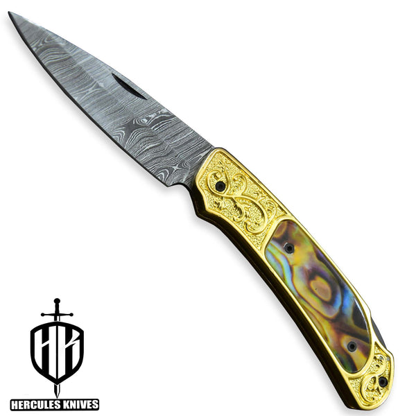 Custom Hand Forged Damascus Steel 24K Gold Plated Folding Knife Handmade With Camel Bone 3D Wax Laser Printing Handle