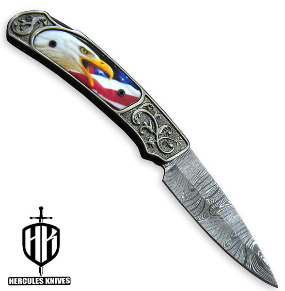 Custom Hand Forged Damascus Steel PVD Black Grey Coating Folding Knife Handmade Camel Bone Red Indian 3D Wax Laser Printing Handle