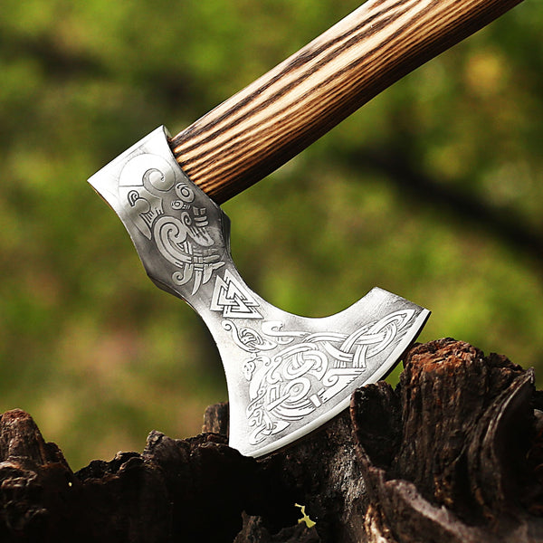 Custom 1095 High Carbon Steel Axe -Tomahawk Hunting Knife Beautiful Etched Design Ashwood Handle With Leather Strap, Leather Sheath For Head Safety