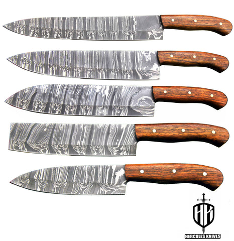 J249-J253-Custom Hand Forged Damascus Steel Chef Set Of 5Pcs Knife With Walnut Handle Handmade