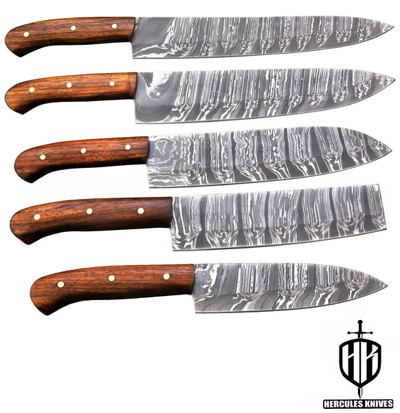 J249-J253-Custom Hand Forged Damascus Steel Chef Set Of 5Pcs Knife With Walnut Handle Handmade
