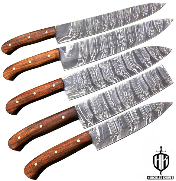 J249-J253-Custom Hand Forged Damascus Steel Chef Set Of 5Pcs Knife With Walnut Handle Handmade