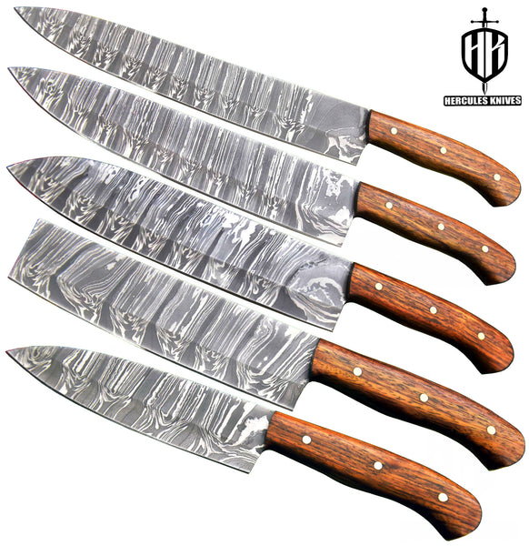 J249-J253-Custom Hand Forged Damascus Steel Chef Set Of 5Pcs Knife With Walnut Handle Handmade