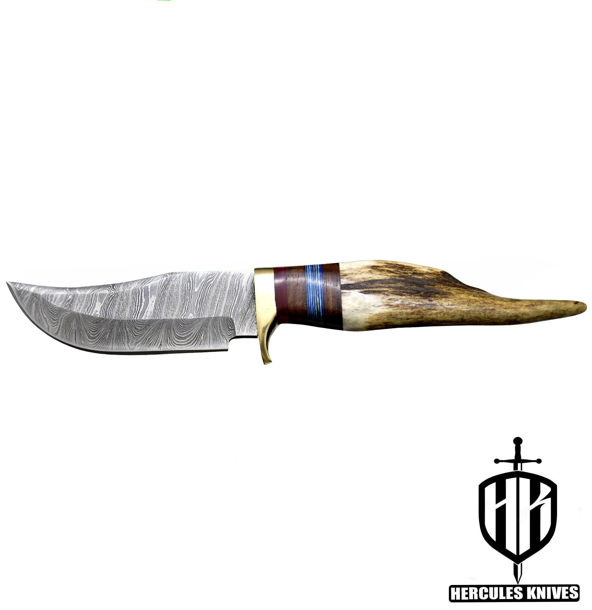 J959-Custom Hand Forged Damascus Steel Camping Knife with Stag Horn Handle | Handmade | Leather Sheath