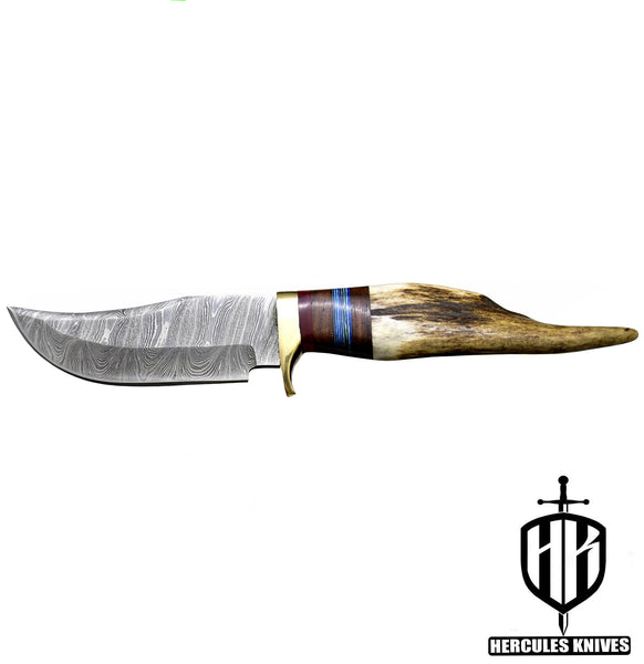 J959-Custom Hand Forged Damascus Steel Camping Knife with Stag Horn Handle | Handmade | Leather Sheath