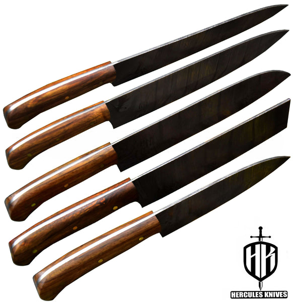 J249-J253-Custom Hand Forged Damascus Steel Chef Set Of 5Pcs Knife With Walnut Handle Handmade