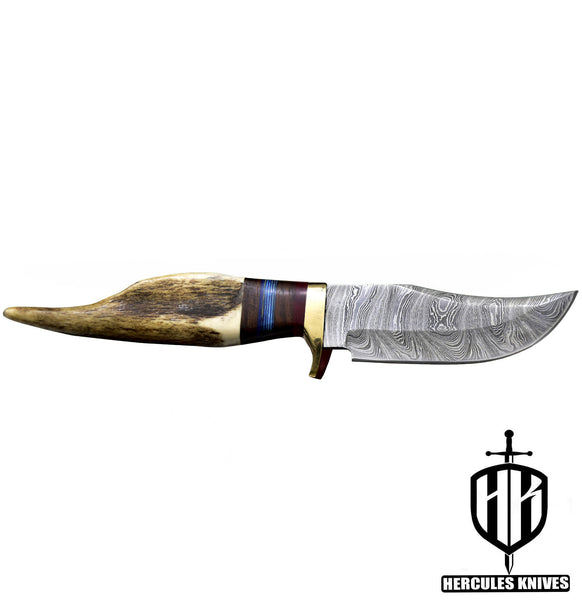 J959-Custom Hand Forged Damascus Steel Camping Knife with Stag Horn Handle | Handmade | Leather Sheath