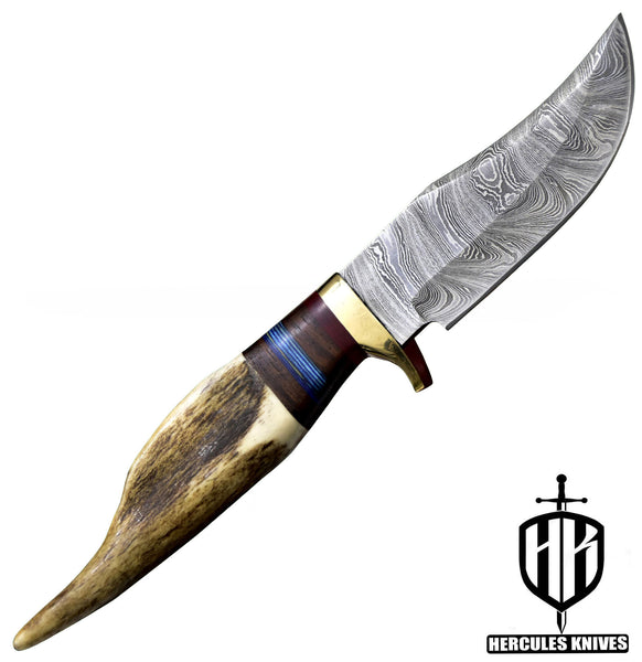 J959-Custom Hand Forged Damascus Steel Camping Knife with Stag Horn Handle | Handmade | Leather Sheath