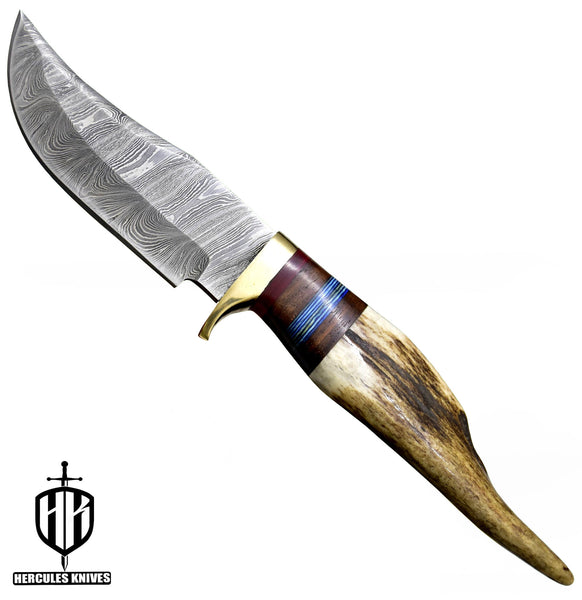 J959-Custom Hand Forged Damascus Steel Camping Knife with Stag Horn Handle | Handmade | Leather Sheath