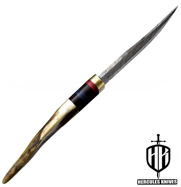 J959-Custom Hand Forged Damascus Steel Camping Knife with Stag Horn Handle | Handmade | Leather Sheath