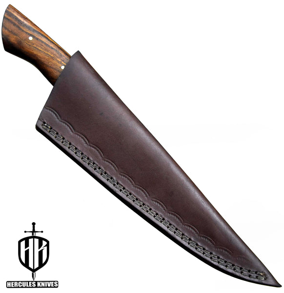J730-Custom Hand Forged Damascus Steel Chef Kitchen Knife Walnut Handle With Leather Sheath Handmade