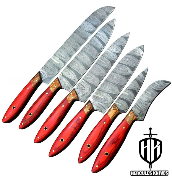 Q840-Q845-Custom Hand Forged Damascus Steel Chef Set Of 6Pcs Knife With Wooden Handle Handmade