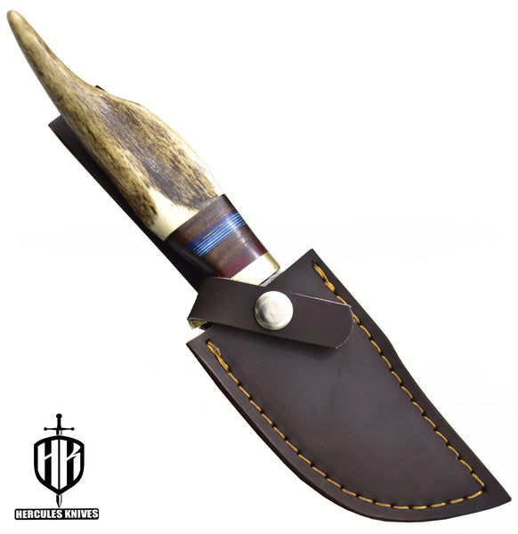 J959-Custom Hand Forged Damascus Steel Camping Knife with Stag Horn Handle | Handmade | Leather Sheath