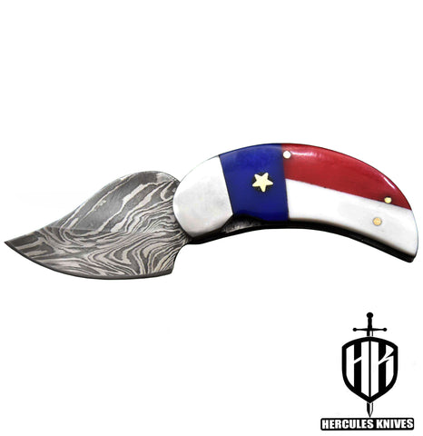C645-EDC Pocket Folding Knife, made of Custom Hand Forged Damascus Steel with Texas Handle and Leather Sheath.