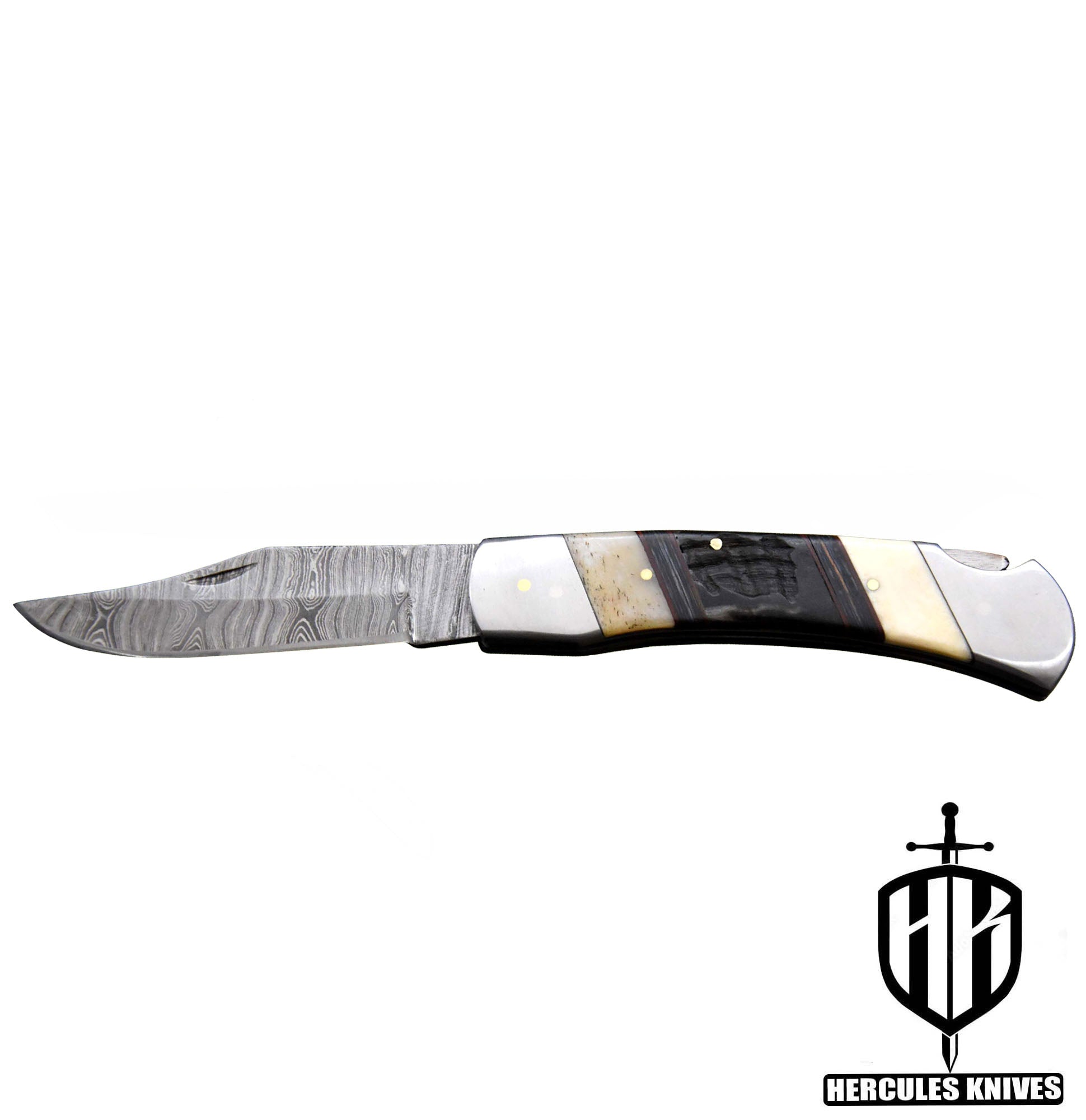 C628-EDC Pocket Folding Knife, Made of Custom Hand Forged Damascus Steel With Camel Bone & Rams Horn Handle and Leather Sheath