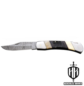 C628-EDC Pocket Folding Knife, Made of Custom Hand Forged Damascus Steel With Camel Bone & Rams Horn Handle and Leather Sheath