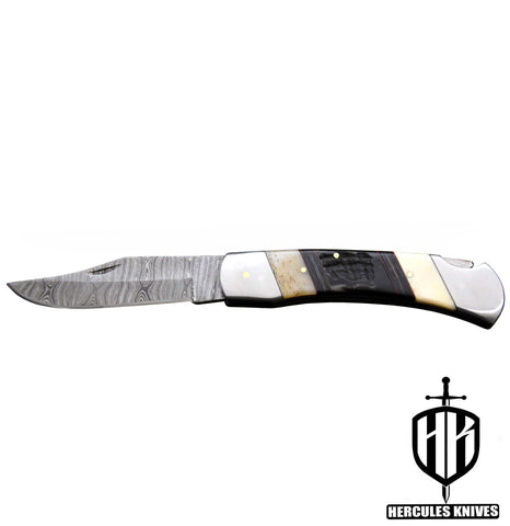 C628-EDC Pocket Folding Knife, Made of Custom Hand Forged Damascus Steel With Camel Bone & Rams Horn Handle and Leather Sheath