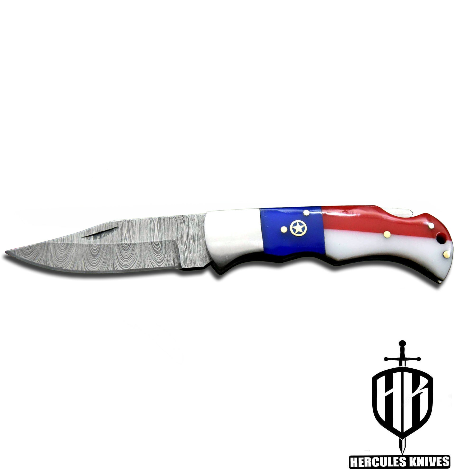 C656-EDC Pocket Folding Knife, made of Custom Hand Forged Damascus Steel with Texas Handle and Leather Sheath.