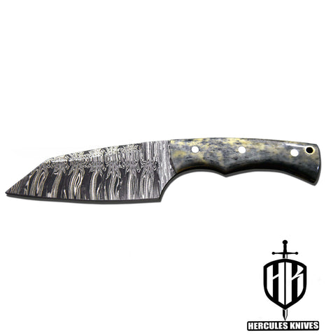 J700-Custom Hand Forged Damascus Steel Fixed Blade Camping Knife With Camel Bone Handle | Handmade | Leather Sheath