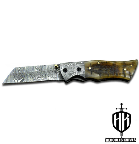 C393-EDC Pocket Folding Knife, Made of Custom Hand Forged Damascus Steel With Rams Horn Handle and Leather Sheath