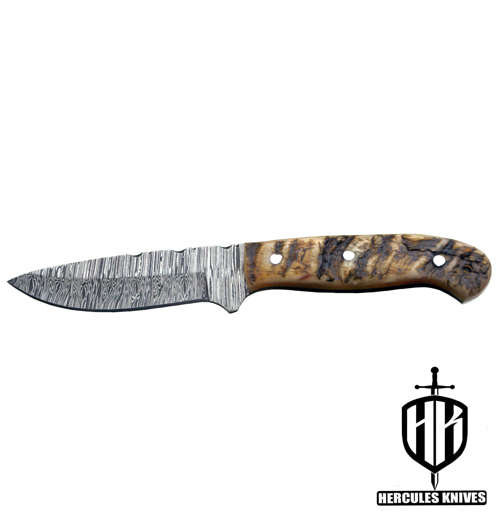 T27-Custom Hand Forged Damascus Steel Fixed Blade Camping Knife with Rams Horn Handle | Handmade | Leather Sheath