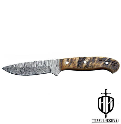 T27-Custom Hand Forged Damascus Steel Fixed Blade Camping Knife with Rams Horn Handle | Handmade | Leather Sheath