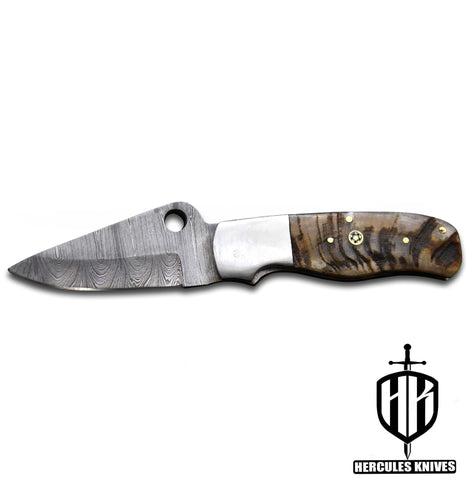 C632-EDC Pocket Folding Knife, Made of Custom Hand Forged Damascus Steel With Rams Horn Handle and Leather Sheath
