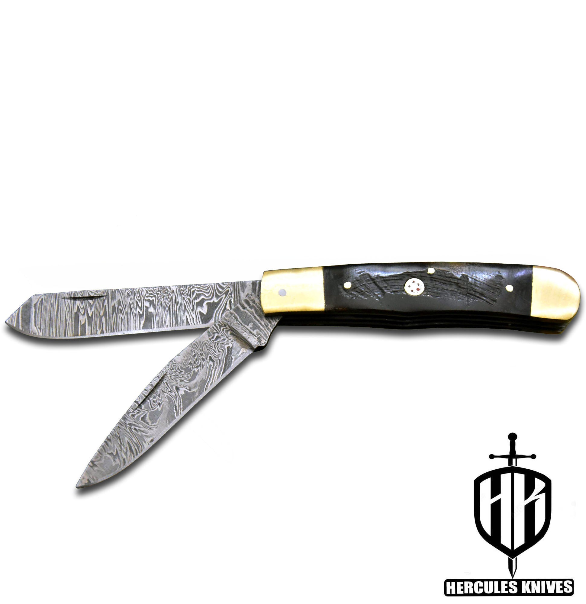 C553-EDC Pocket Folding Knife, Made of Custom Hand Forged Damascus Steel With Rams Horn Handle and Leather Sheath
