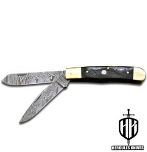 C553-EDC Pocket Folding Knife, Made of Custom Hand Forged Damascus Steel With Rams Horn Handle and Leather Sheath