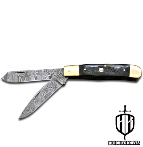C553-EDC Pocket Folding Knife, Made of Custom Hand Forged Damascus Steel With Rams Horn Handle and Leather Sheath