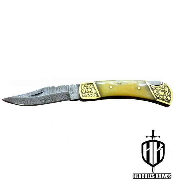 C513-EDC Pocket Folding Knife, Made of Custom Hand Forged Damascus Steel with Camel Bone Handle and Leather Sheath.
