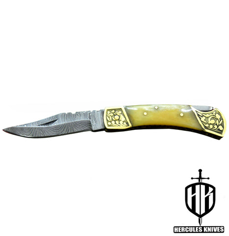 C513-EDC Pocket Folding Knife, Made of Custom Hand Forged Damascus Steel with Camel Bone Handle and Leather Sheath.